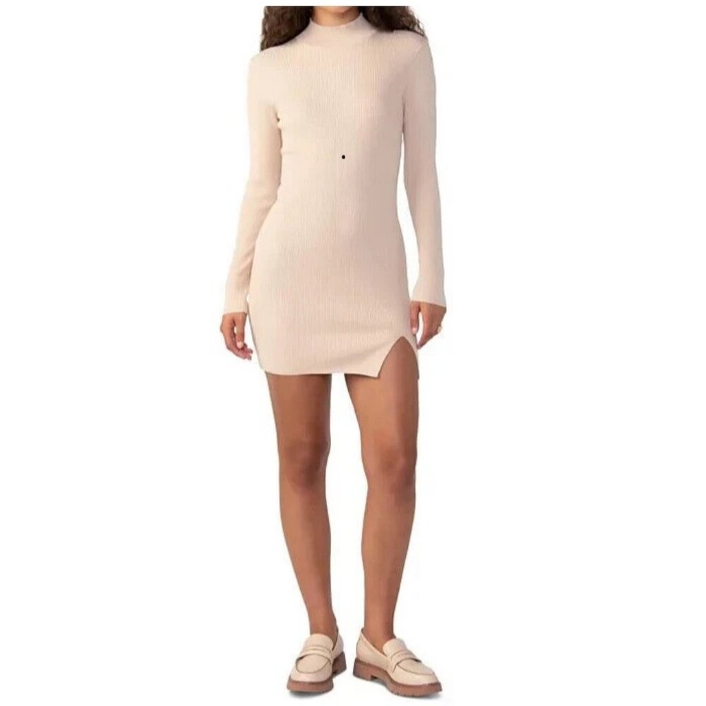 Sanctuary Women's Side-Slit Long-Sleeve Ribbed Knit Sweater Dress, Beige, Large